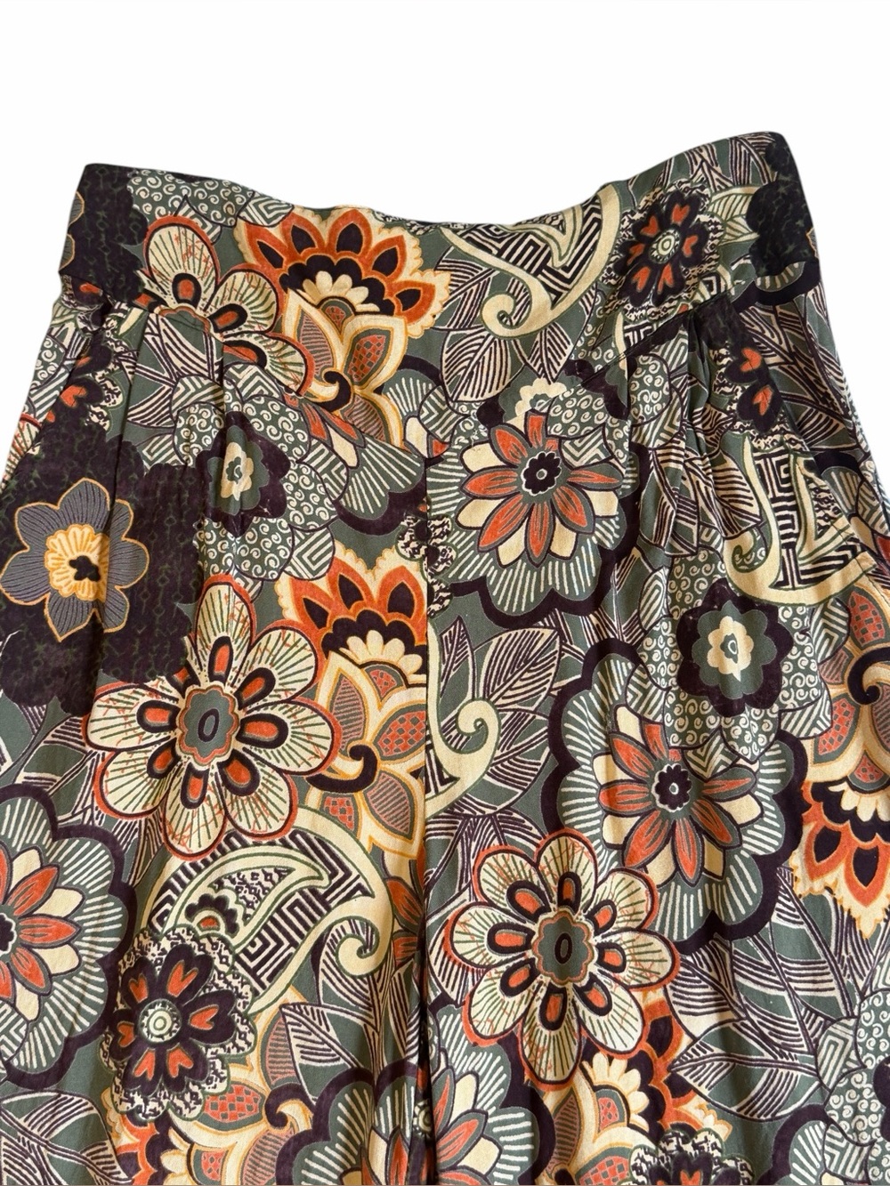 Angie Wide-Leg Floral Print Pants in Brown Green and Orange Size M #2292 - Picture 3 of 6